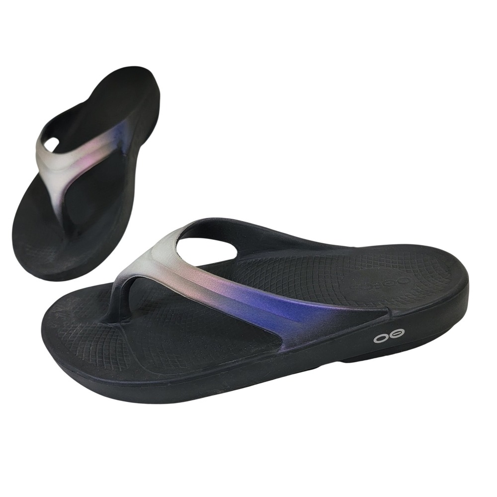 OOFOS OOlala Luxe Calypso Recovery Flip Flops Womens 11 Black Blue Ombre